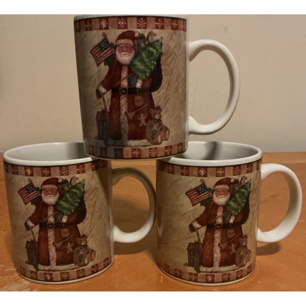 Country Santa Collection Set of 3 Mugs Coffee Tea by Susan Winget Patriotic Flag